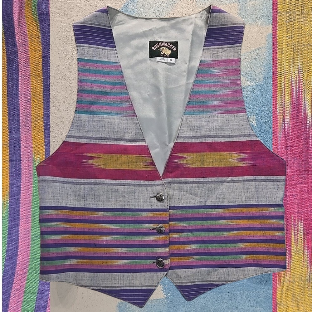 VTG Bushwacker Mens S Woven Striped Ikat Pattern Vest Multi ‎ Cotton Buttons USA